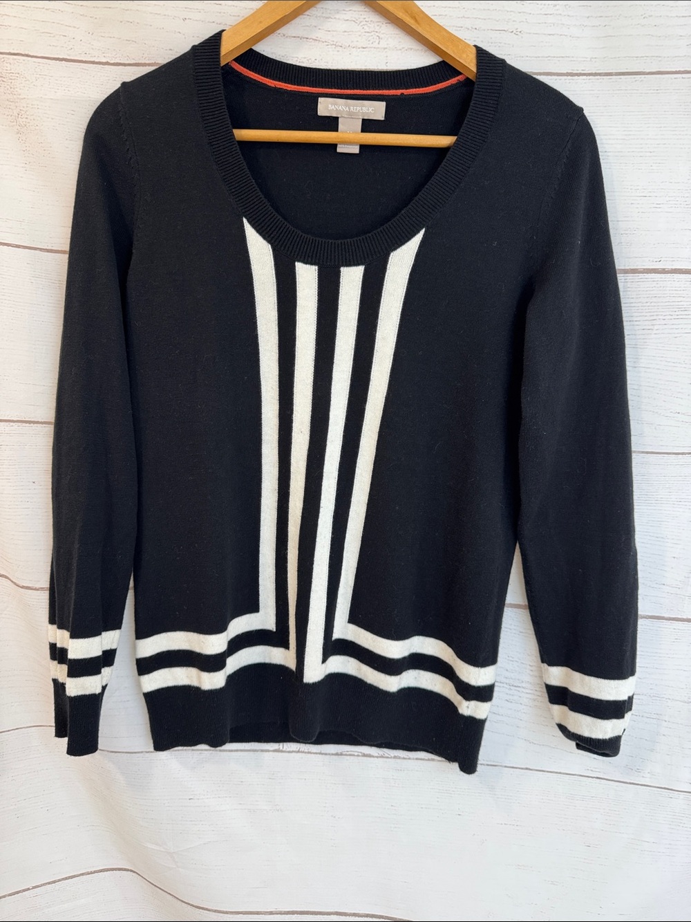 Banana Republic Women's Black Sweater White Vertical Stripes Medium
